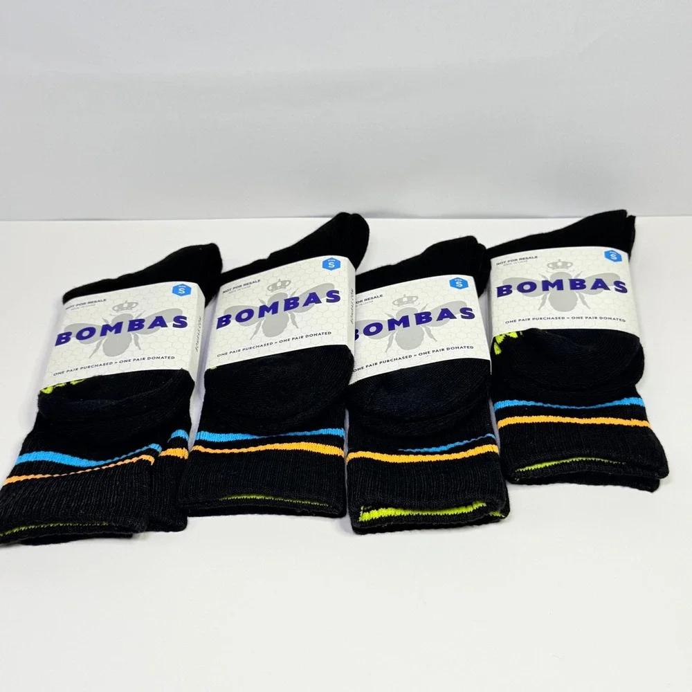 Bombas Kids Small 4 Pair Pack Black Crew Socks Blue Orange Lime Stripe New